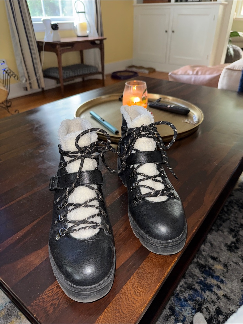Nine West Black Leather Lace-Up Shearling-Trim Winter Boots